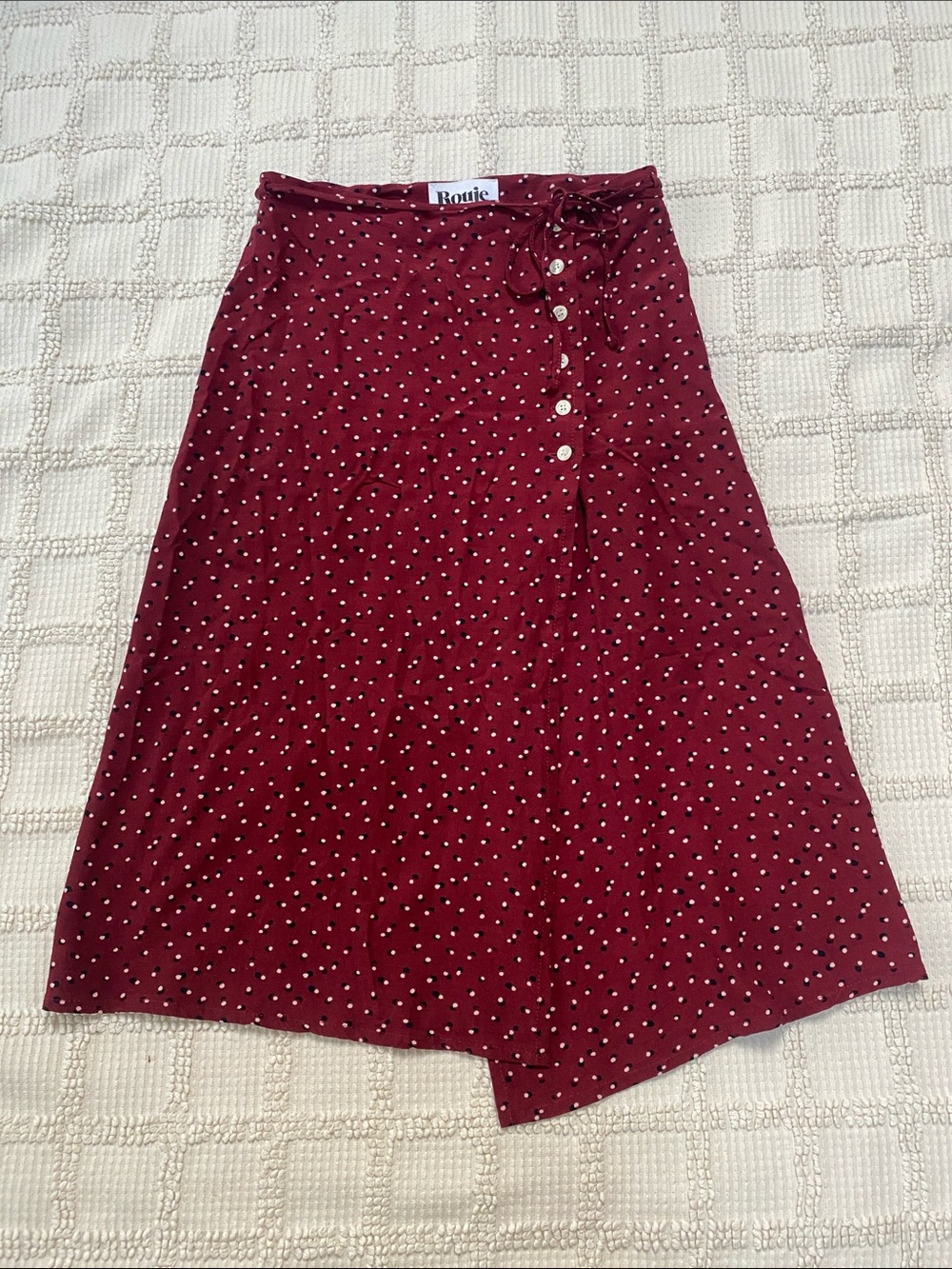 Rouje Gloria button up wrap midi skirt in maroon polka dot size 36 (4) - Picture 2 of 6